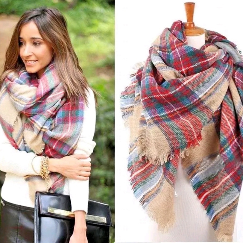 Oversized Scarf Blanket Shawl Camel Plaid